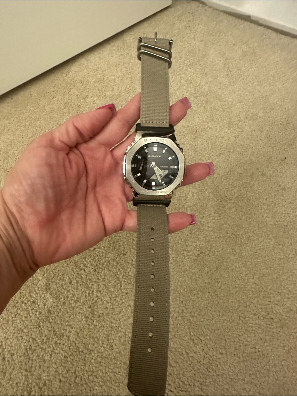 G-Shock Silver Bezel Watch with Olive Green Strap
